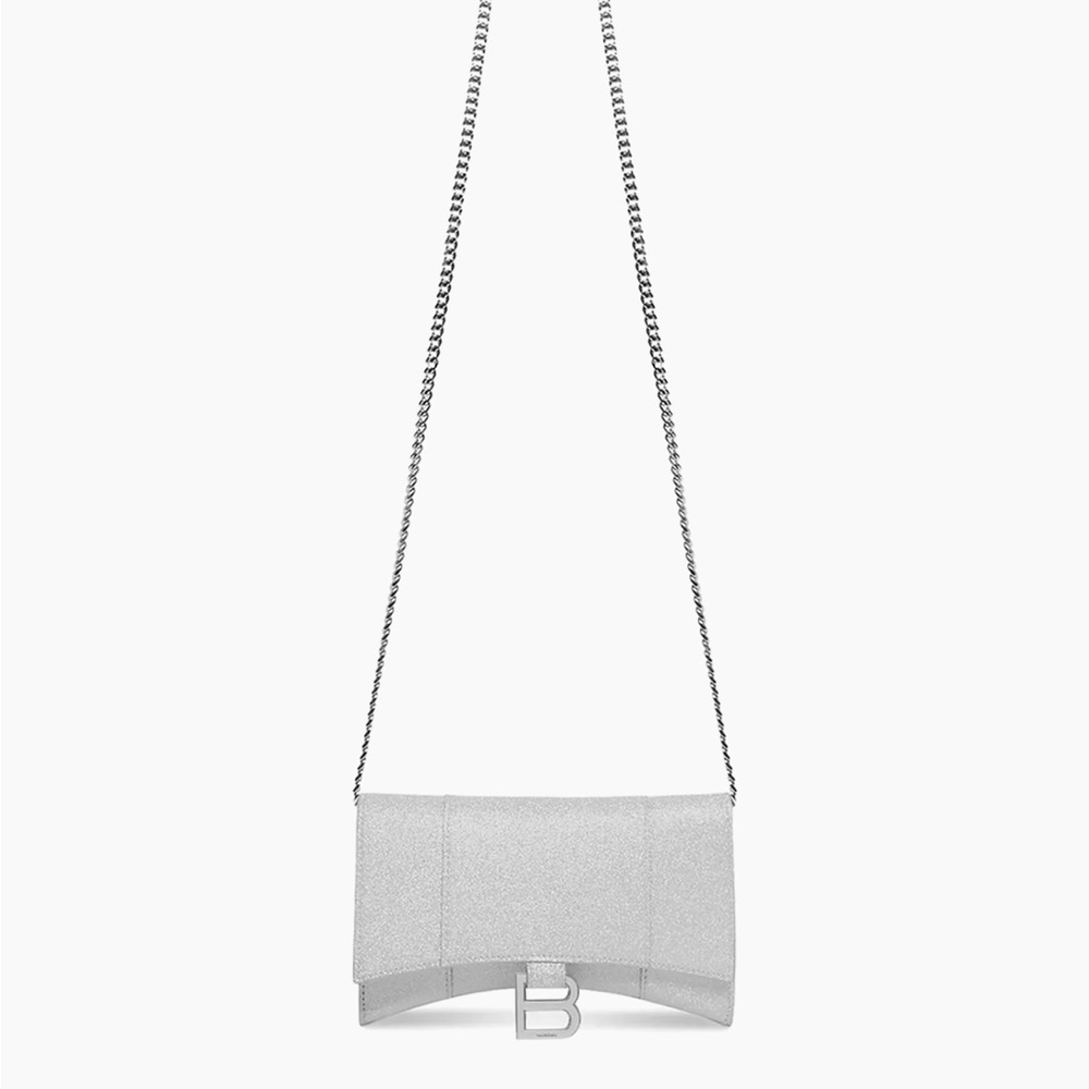 Hourglass XS wallet on chain in silver sparkling fabric